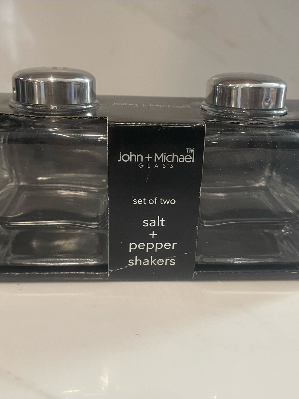 John + Michael Clear Glass Salt and Pepper Shakers with Silver Lids - Set of Two